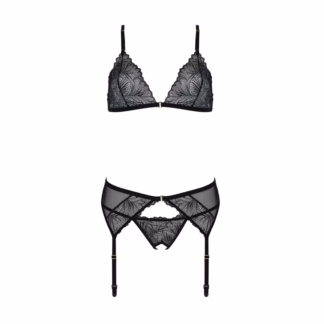 Комплект з відкритим доступом Passion DELIENA SET S/M black, ліф, стрінги, пояс для панчіх — фото 4