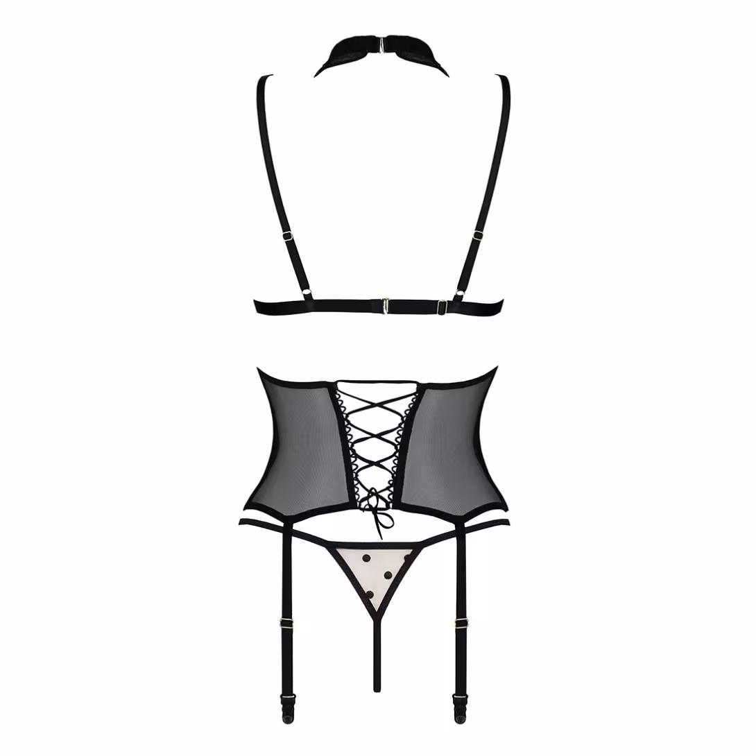 Корсет з відкритими грудьми Passion DOMINICA CORSET S/M beige, пажі для панчіх, стрінги — фото 4