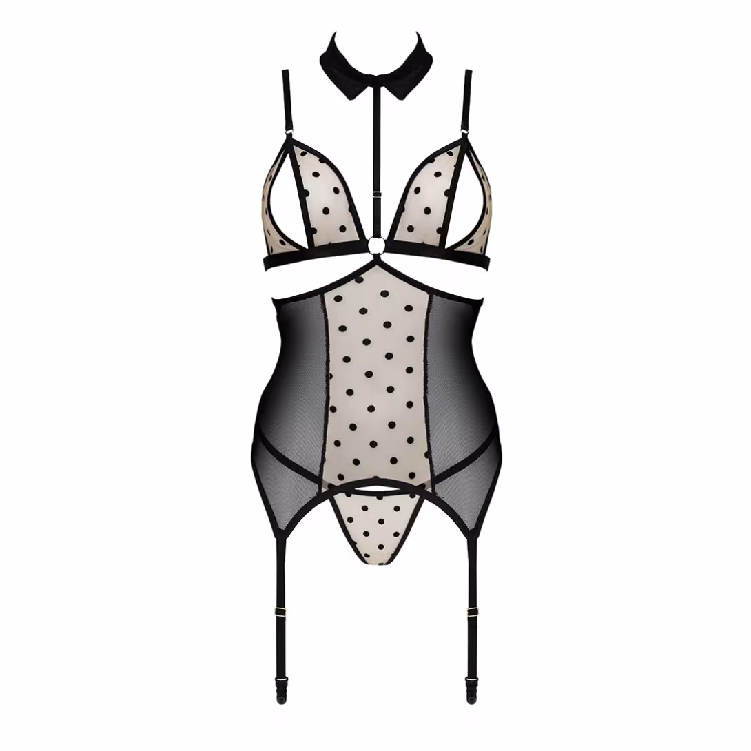 Корсет з відкритими грудьми Passion DOMINICA CORSET S/M beige, пажі для панчіх, стрінги — фото 3