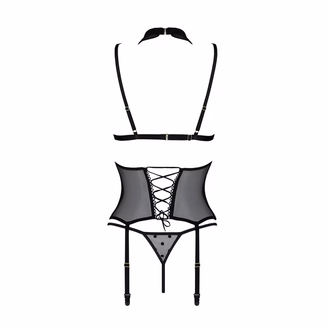 Корсет з відкритими грудьми Passion DOMINICA CORSET S/M black, пажі для панчіх, стрінги — фото 4
