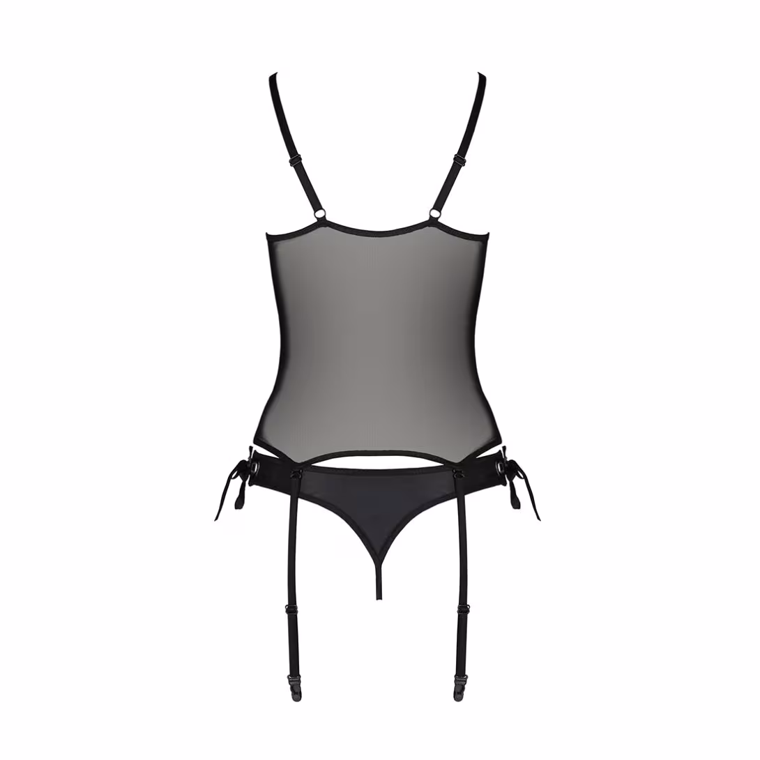Корсет зі шнурівкою Passion NESSY CORSET S/M black, стрінги з відкритим доступом, пажі для панчіх — фото 4