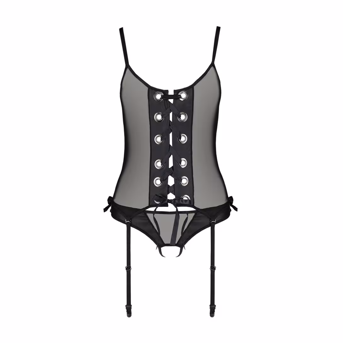 Корсет зі шнурівкою Passion NESSY CORSET S/M black, стрінги з відкритим доступом, пажі для панчіх — фото 3