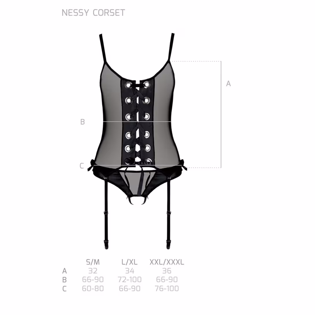 Корсет зі шнурівкою Passion NESSY CORSET S/M black, стрінги з відкритим доступом, пажі для панчіх — фото 5