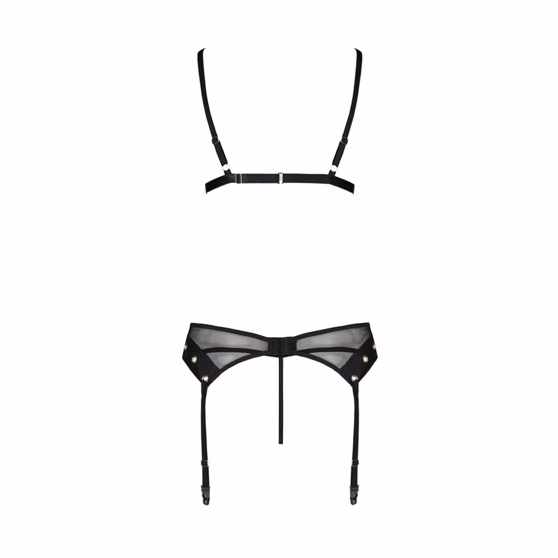 Комплект білизни Passion NESSY SET L/XL black, бюстгальтер, пояс для панчіх, стрінги — фото 4