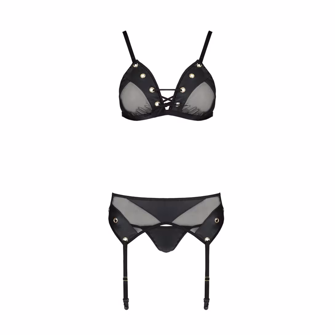 Комплект білизни Passion NESSY SET L/XL black, бюстгальтер, пояс для панчіх, стрінги — фото 3