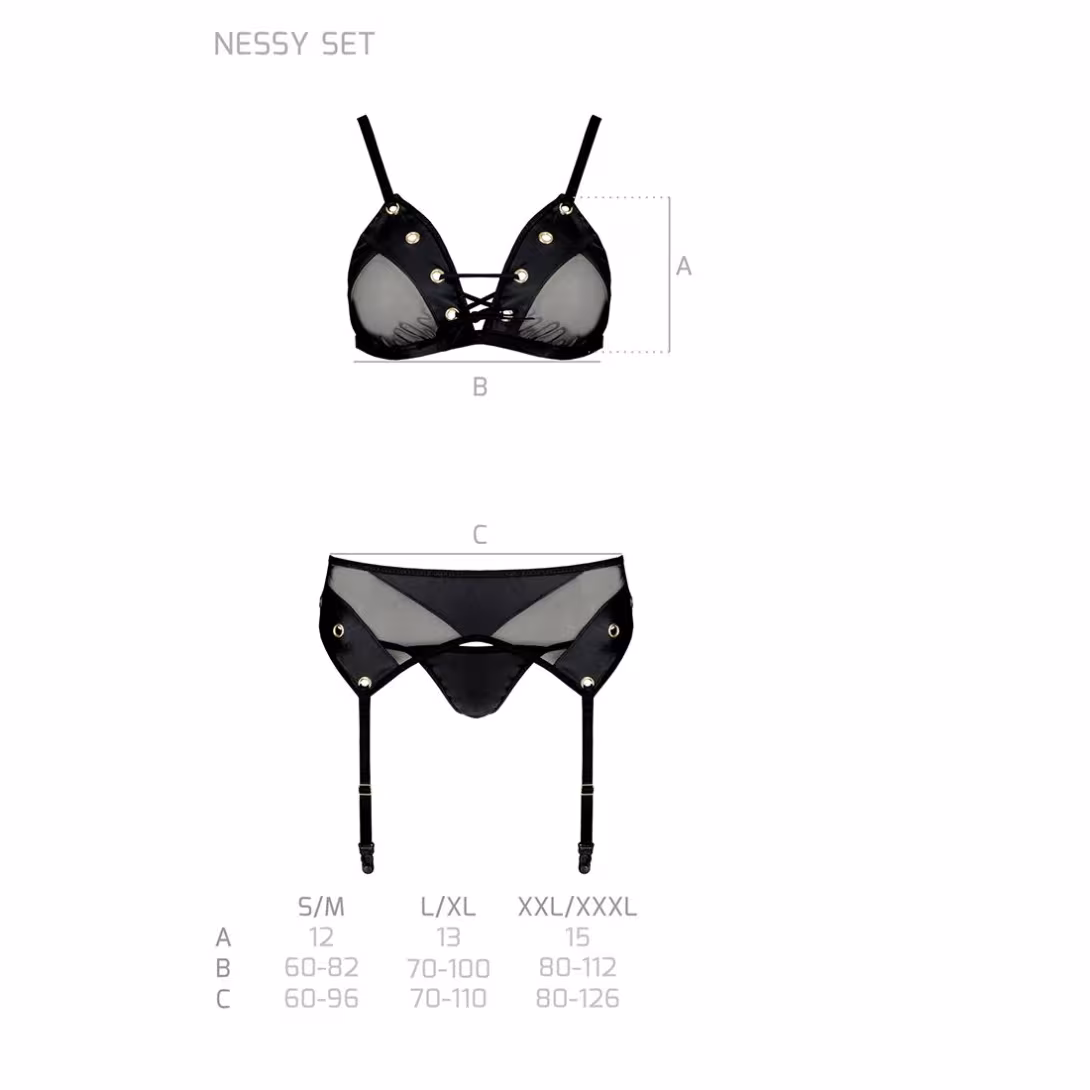 Комплект білизни Passion NESSY SET L/XL black, бюстгальтер, пояс для панчіх, стрінги — фото 5
