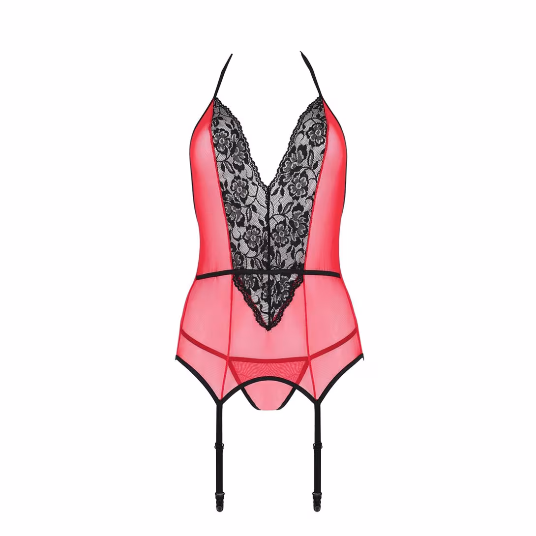 Корсет з пажами для панчіх Passion PEONIA CORSET XXL/XXXL red стрінги — фото 4