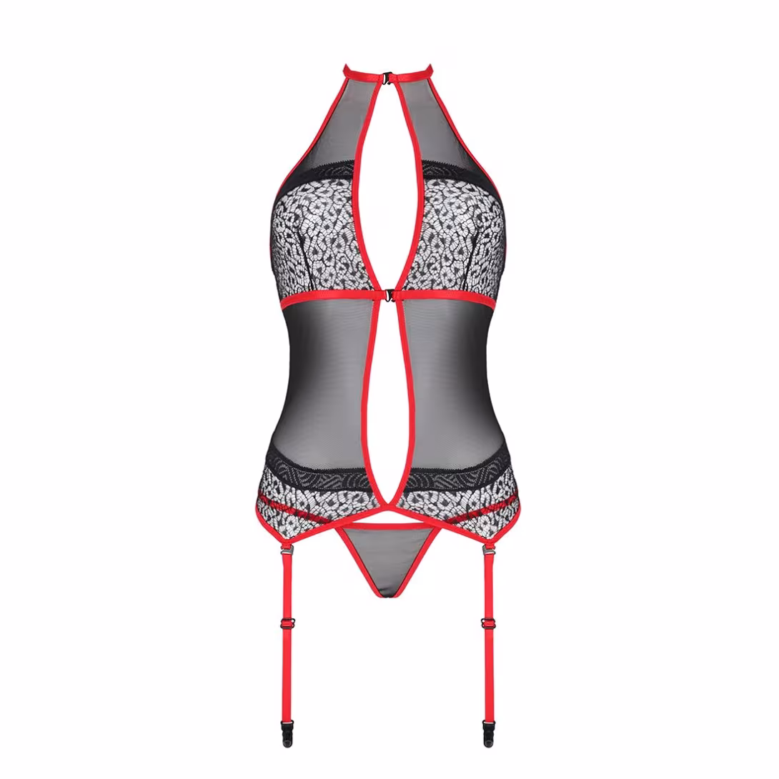 Корсет з пажами Passion SATARA CORSET S/M red, стрінги, мереживо, застібки спереду та ззаду — фото 3