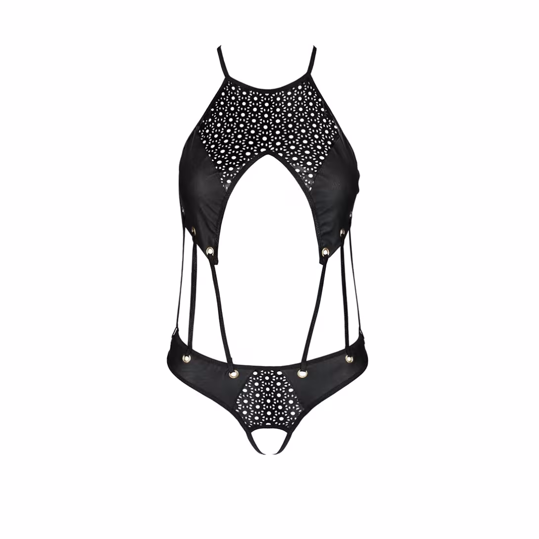 Боді з відкритим доступом Passion TASMINA BODY L/XL black, екошкіра, шнурівки, ажурні мережива — фото 3