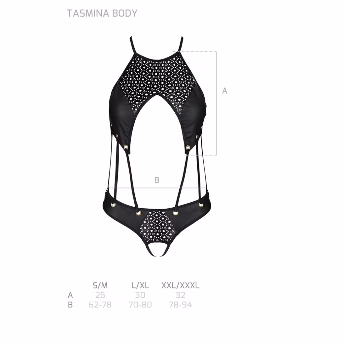 Боді з відкритим доступом Passion TASMINA BODY L/XL black, екошкіра, шнурівки, ажурні мережива — фото 5