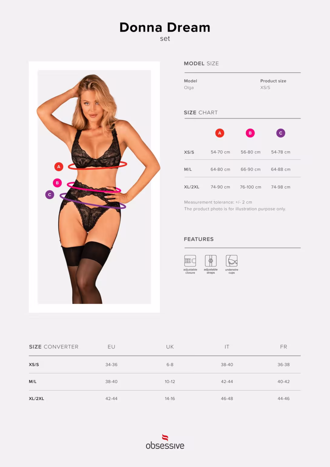 Комплект білизни Obsessive Donna Dream 3-pcs set XS/S Black, бюстгальтер, стрінги, пояс для панчіх — фото 5