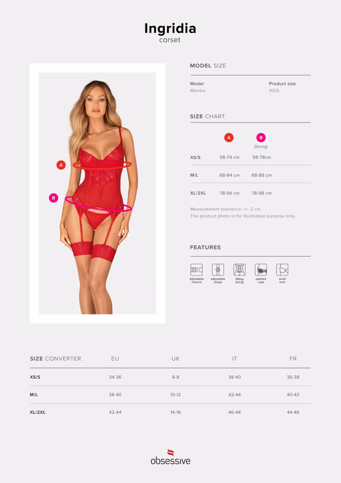 Комплект корсет та стрінги Obsessive Ingridia corset & thong M/L, червоний — фото 5