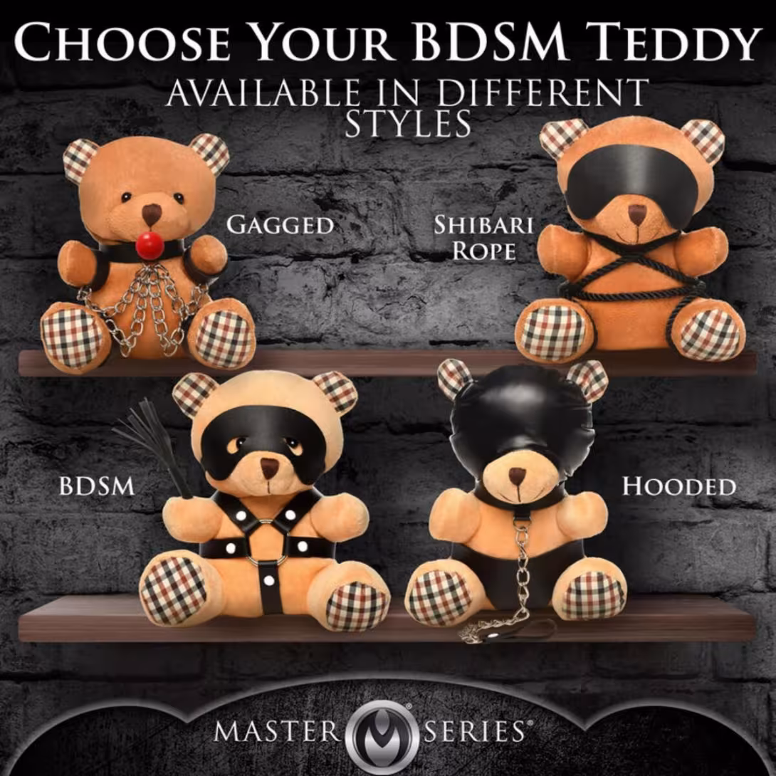 Плюшевий ведмедик HOODED Teddy Bear БДСМ у шкіряному капюшоні з повідцем, 23x16x12 см — фото 5