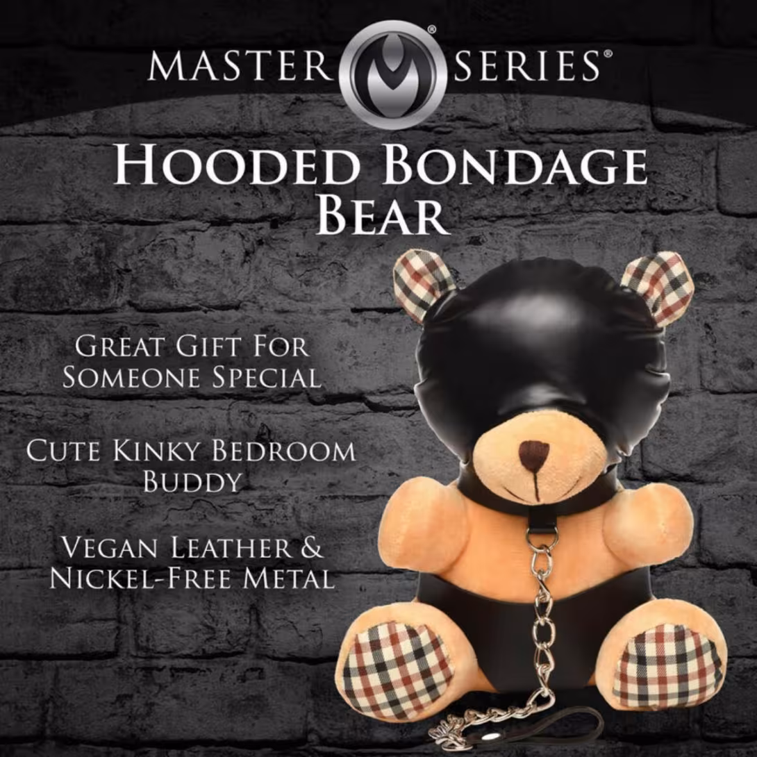 Плюшевий ведмедик HOODED Teddy Bear БДСМ у шкіряному капюшоні з повідцем, 23x16x12 см — фото 4