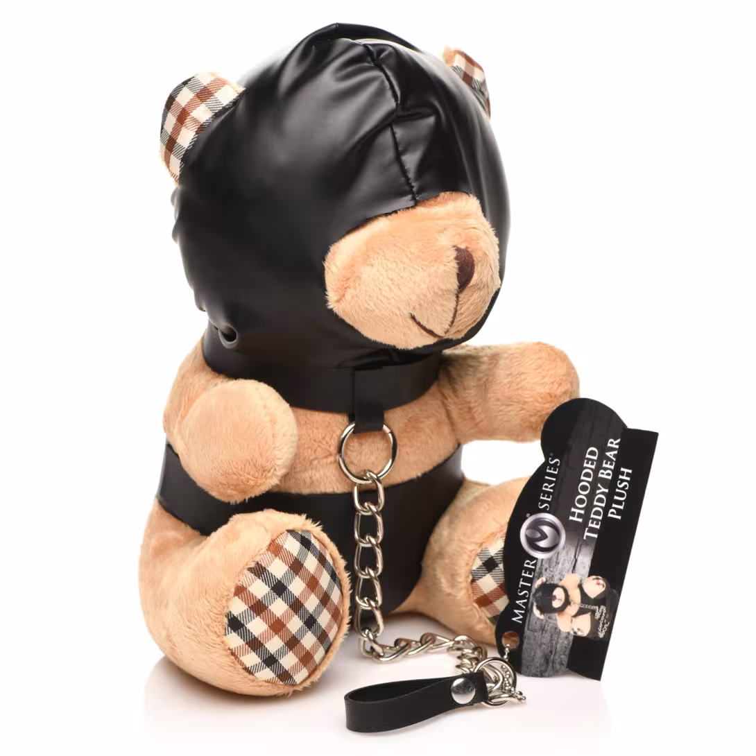 Плюшевий ведмедик HOODED Teddy Bear БДСМ у шкіряному капюшоні з повідцем, 23x16x12 см — фото 2