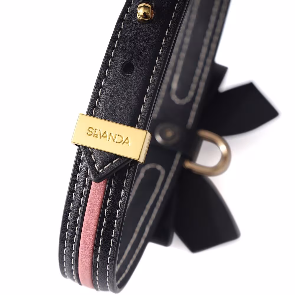 Нашийник з повідцем LOCKINK SEVANDA Love Heart Butterfly Leather Collar Set, чорно-рожевий, з бантом — фото 5