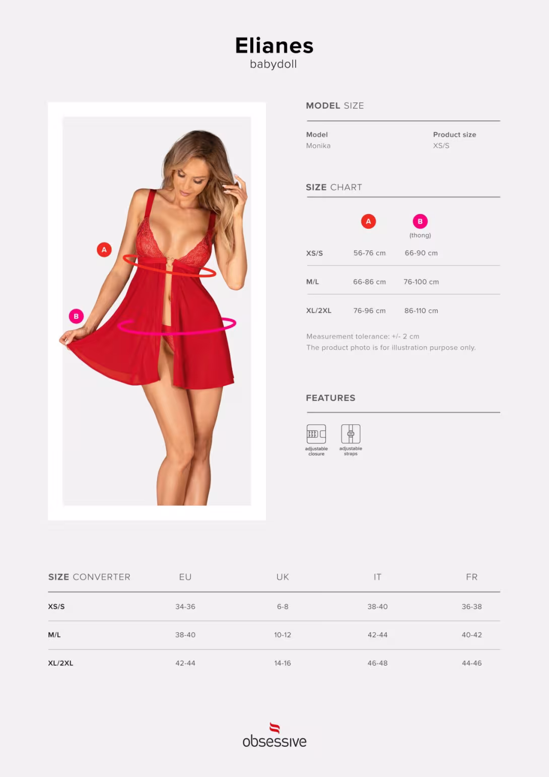 Бебі-дол Obsessive Elianes babydoll & thong, XL/2XL, червоний, мереживний ліф, трусики-танга в наборі — фото 5