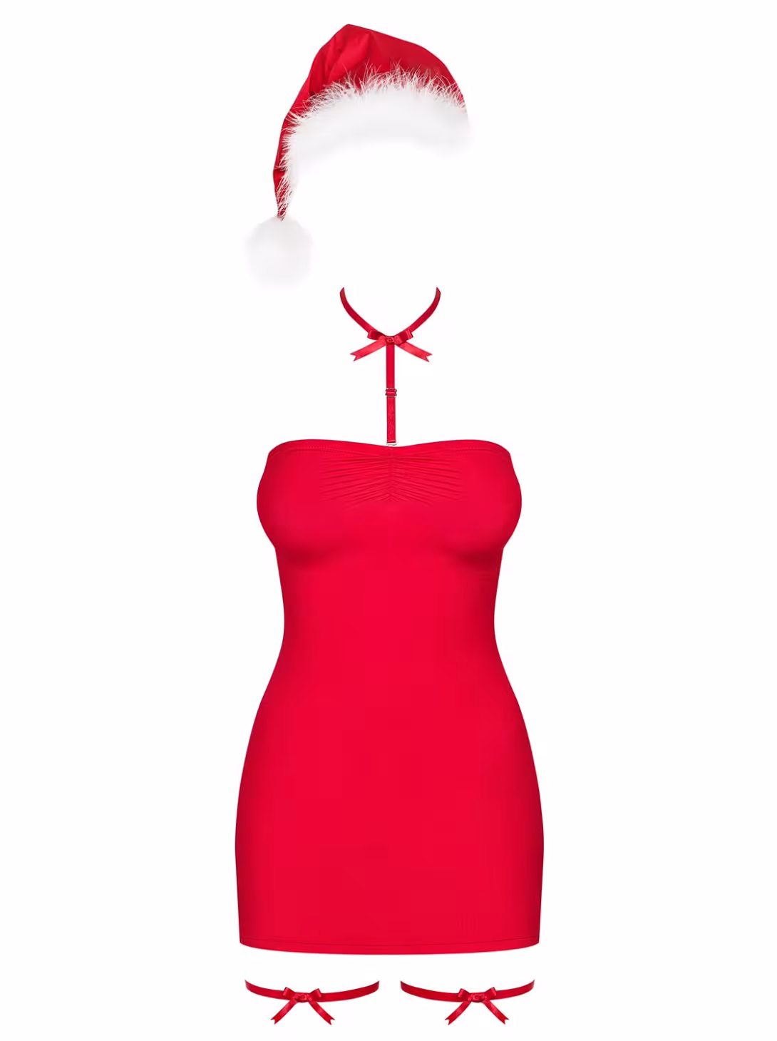 Сорочка Obsessive Kissmas chemise, L/XL, червона, чокер, гартери та шапочка з помпоном у комплекті — фото 3