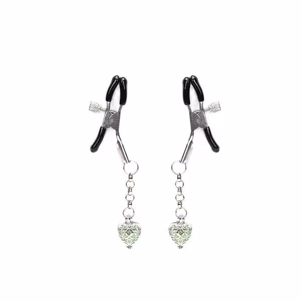 Затискачі для сосків із сердечком Liebe Seele Glow-in-dark Nipple Clamps Green, світяться в темряві