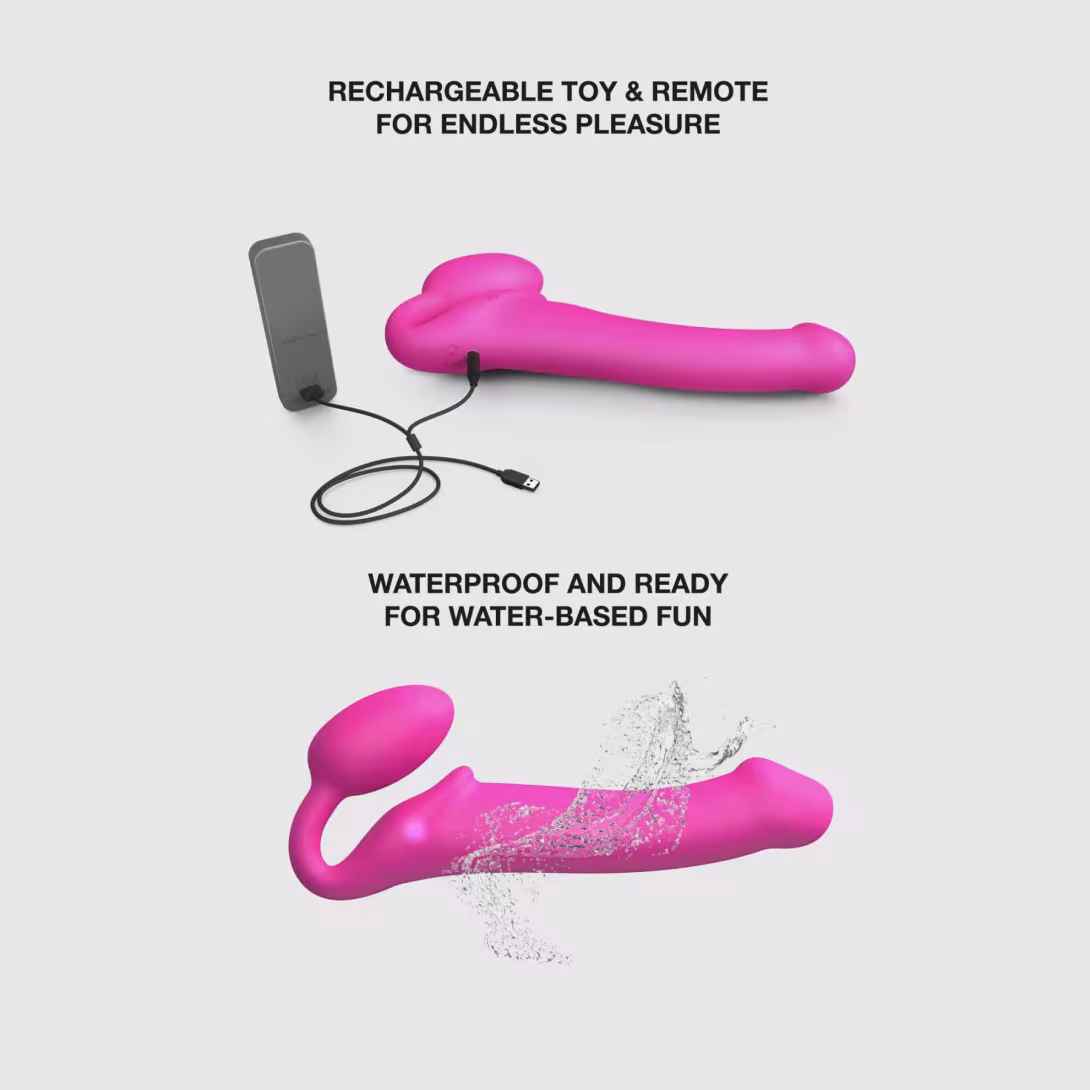 Безремінний страпон з вібрацією Strap-On-Me Vibrating Fuchsia M, діаметр 3,8 см, пульт ДК, регульований — фото 4