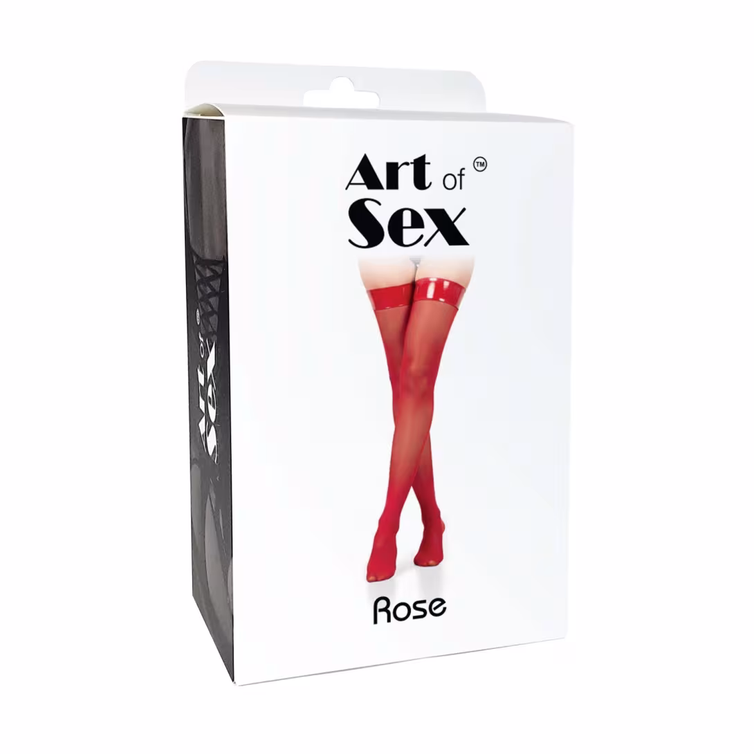Панчохи в дрібну сітку з лакованою коронкою Art of Sex - Rose, колір червоний, М — фото 3