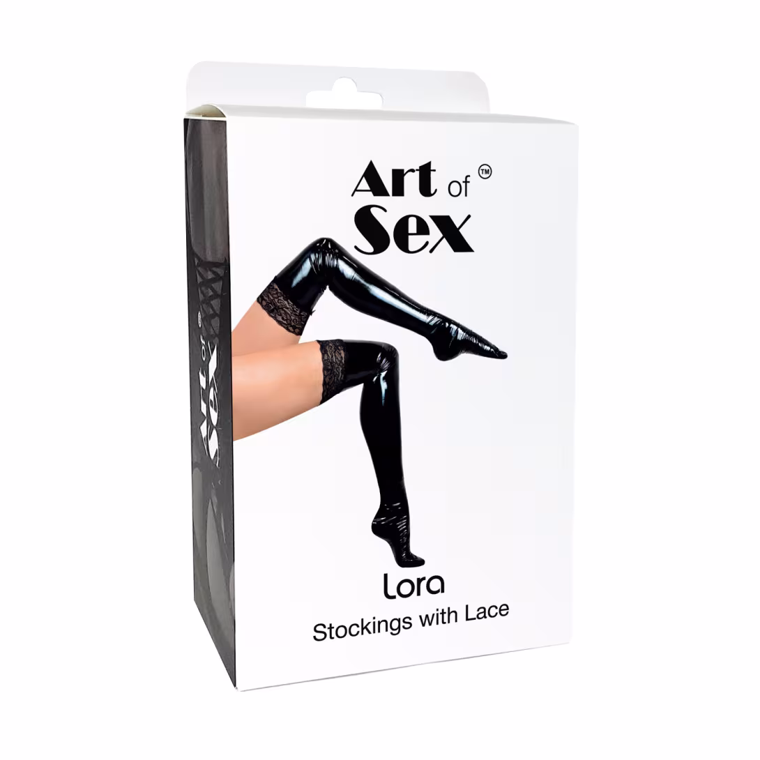 Сексуальні вінілові панчохи Art of Sex - Lora з мереживом, розмір S, з ефектом мокрого оксамиту — фото 3