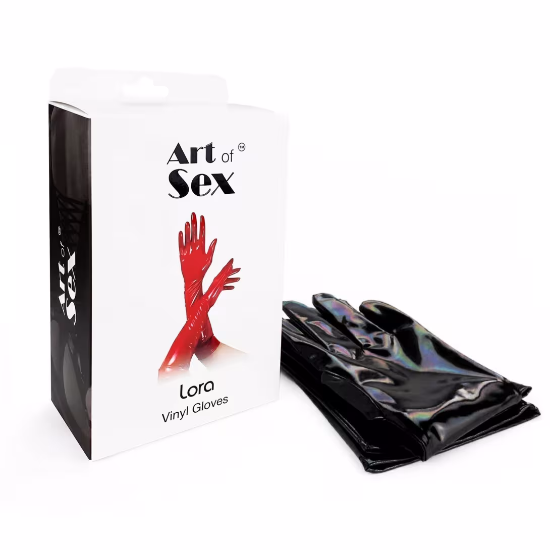 Глянсові вінілові рукавички Art of Sex - Lora, розмір M, колір чорний з ефектом голограми — фото 4